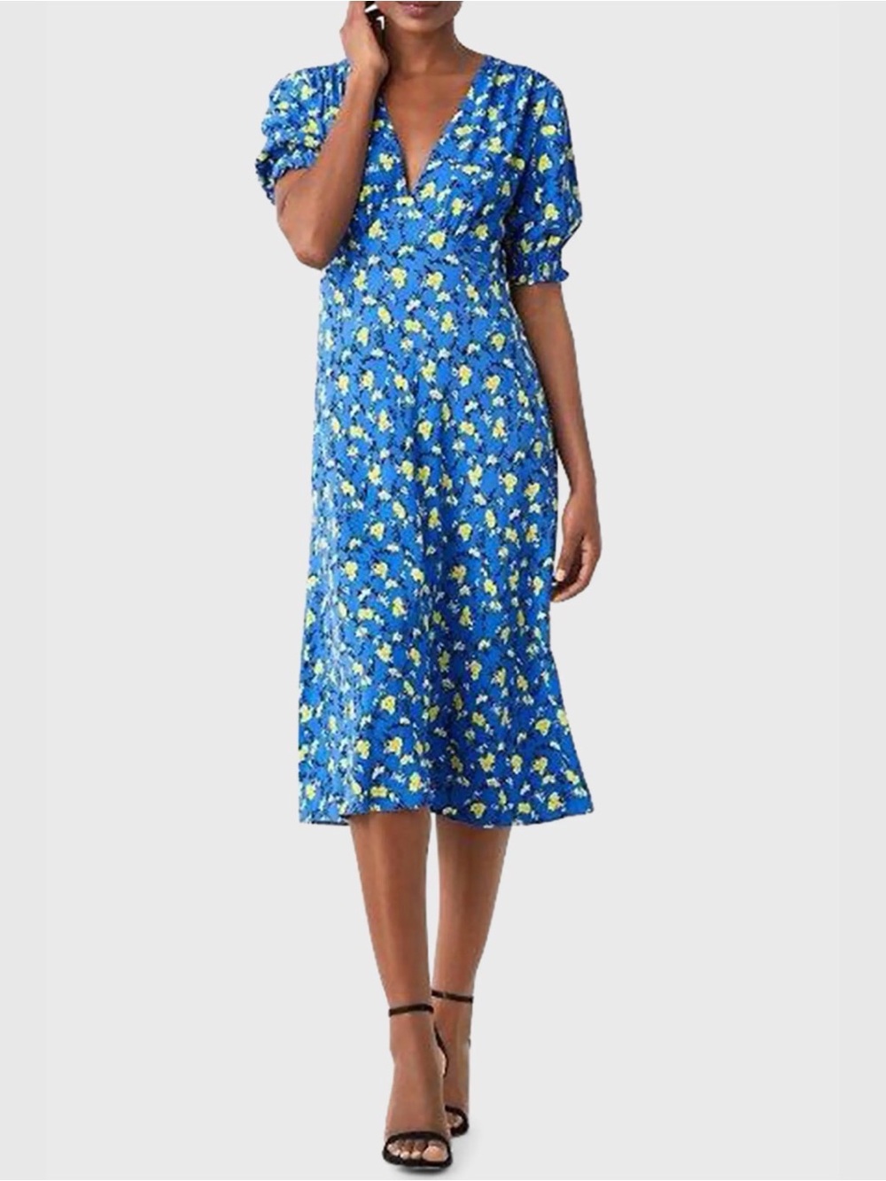 Diane Von Furstenberg Jemma V-Neck Blue and Yellow Floral Midi Dress